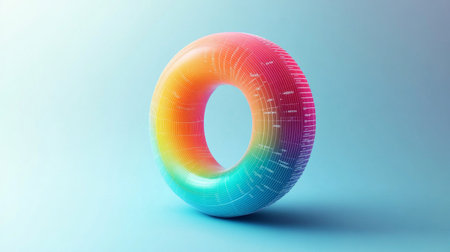 A colorful 3D donut chart floating on a clean background, with different data segments separated and highlighted in various hues.の素材