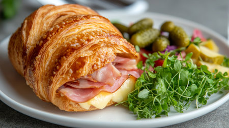 A delicious croissant sandwich filled with ham, cheese, and fresh greens, elegantly plated on a white dish with a side of pickles and saladの素材