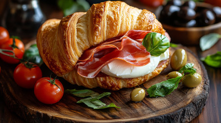 A delicious croissant sandwich with prosciutto, fresh mozzarella, and basil, artfully arranged on a wooden platter with a few cherry tomatoes and olivesの素材