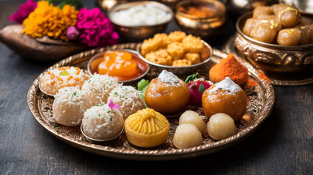 A festive spread of Indian sweets like gulab jamun, jalebi, and rasgulla, arranged beautifully on a decorative plateの素材