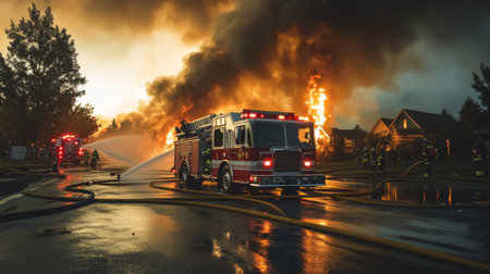 A fire truck and emergency personnel at the scene of a large fire, with hoses spraying water to control the blaze and smoke billowing aroundの素材