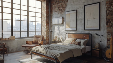 A contemporary bedroom with industrial decor, featuring exposed brick walls, a metal bed frame, and modern furniture piecesの素材