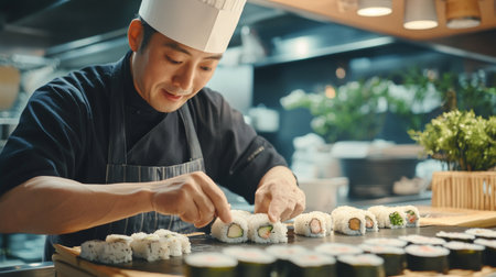 A dynamic shot of a sushi chef preparing sushi rolls in a traditional restaurant kitchen, with fresh ingredients and expertly crafted rolls on displayの素材