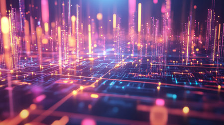 A futuristic 3D graph with interconnected nodes and lines, showcasing a network of data and relationships in a digital, high-tech environmentの素材