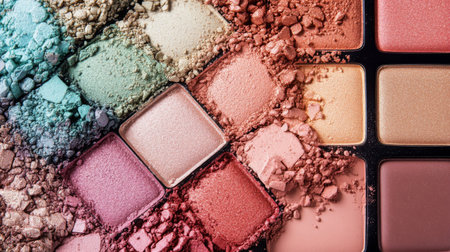 A detailed view of a cosmetic palette with a range of eye shadow colors, displayed on a white background with a focus on the rich pigments and smooth texturesの素材