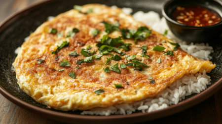 A golden omelette on a bed of rice shot up close, with crispy edges and soft center, served with a side of spicy dipping sauce.の素材