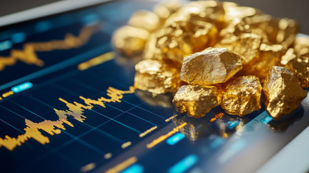 A dynamic shot of a gold price chart on a tablet or smartphone, showing real-time updates and trends with financial graphs and dataの素材