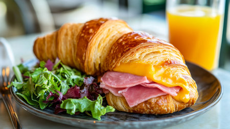 A gourmet croissant sandwich with a blend of ham, cheese, and a hint of mustard, served on a stylish plate with a side of mixed greens and a glass of juiceの素材