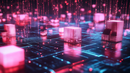 A futuristic 3D heatmap with glowing cubes representing data intensity, displayed over a grid surface, emphasizing high-tech analytics and information flow.の素材