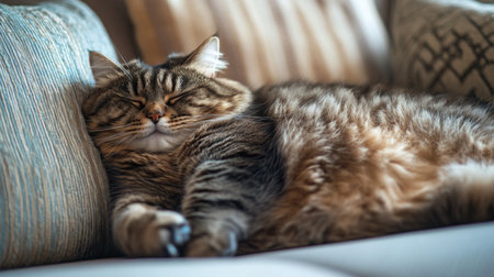 A fluffy, overweight cat snoozing peacefully, captured up close with its eyes closed and its round body comfortably sprawled across a sofa.の素材