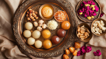 A festive spread of Indian sweets like gulab jamun, jalebi, and rasgulla, arranged beautifully on a decorative plateの素材