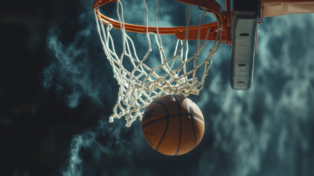 A dynamic shot of a basketball being dunked into a hoop, with the ball in mid-flight and the net catching the ball, capturing the excitement of the gameの素材