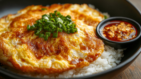 A golden omelette on a bed of rice shot up close, with crispy edges and soft center, served with a side of spicy dipping sauce.の素材