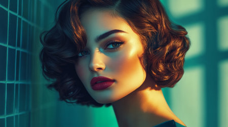 A dynamic image of a woman with a trendy bob haircut, styled with soft curls and a side part, highlighting a modern and chic hairstyleの素材