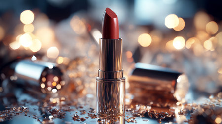 A glamorous lipstick tube with a glossy finish and elegant packaging, set against a backdrop of shimmering makeup and beauty productsの素材