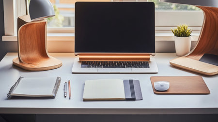 A high-resolution image of a clean, contemporary desk with a laptop, wireless keyboard, and mouse, alongside a notepad and pen, emphasizing a modern work environmentの素材