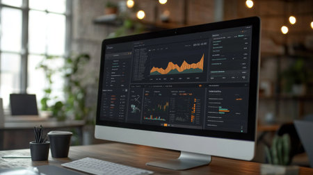 A high-resolution image of a business dashboard on a monitor, featuring real-time graphs and analytics in a tech-savvy workspace.の素材