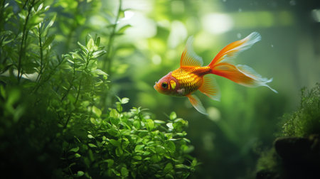 A high-quality image of a goldfish with a stunning long tail, gracefully swimming among green aquatic plants in a spacious aquariumの素材