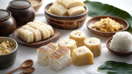A high-resolution image of Thai desserts including khao tom mad (sticky rice with banana) and tub tim krob (water chestnut dessert) on a white surfaceの素材