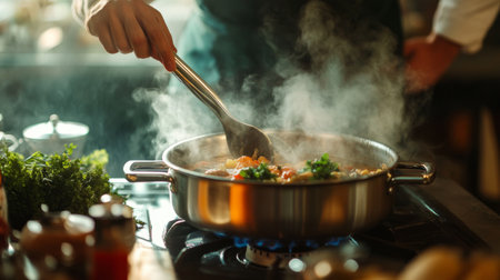 A home cook stirring a pot of soup on a stovetop, with steam rising and various spices and herbs nearbyの素材