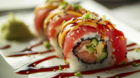 A mouthwatering sushi roll with vibrant ingredients like spicy tuna and avocado, garnished with a drizzle of eel sauce and served with a side of ginger and wasabiの素材
