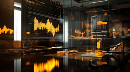 A modern financial workspace with a clear view of a gold price chart on a digital display, complemented by gold coins and market analysis toolsの素材