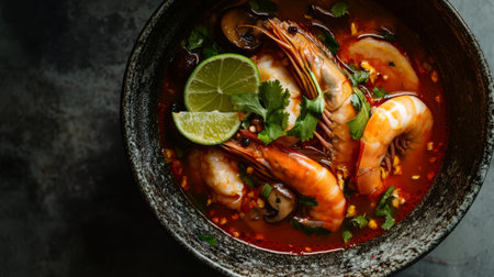 A hot bowl of Tom Yum Goong shot from above, with fresh prawns, mushrooms, lime leaves, and a rich, spicy broth glistening under the lightの素材