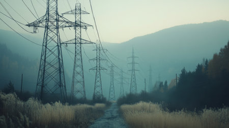 A high-resolution shot of multiple electricity transmission towers lined up in a row, emphasizing their scale and the extensive network of power lines.の素材