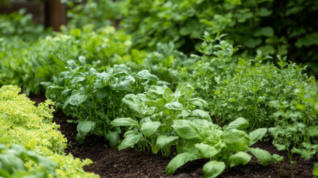 A lush herb and vegetable garden with a variety of greens, including basil, cilantro, and kale, growing in well-tended garden beds with rich soilの素材