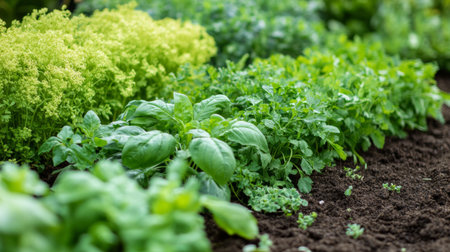 A lush herb and vegetable garden with a variety of greens, including basil, cilantro, and kale, growing in well-tended garden beds with rich soilの素材