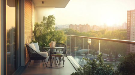 A modern apartment balcony with a glass barrier, featuring a small, stylish table and chairs, with a view of a cityscape or waterfrontの素材