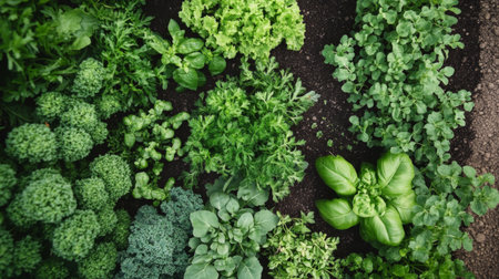A lush herb and vegetable garden with a variety of greens, including basil, cilantro, and kale, growing in well-tended garden beds with rich soilの素材