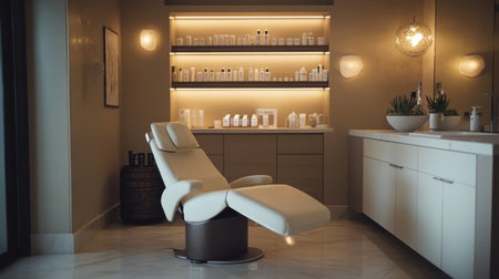 A luxurious spa room with a modern facial treatment area, featuring a high-end chair, soft lighting, and neatly arranged skincare productsの素材