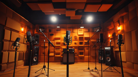 A modern recording studio with multiple microphones arranged on stands, soundproof walls, and recording equipment, showcasing a professional music environmentの素材
