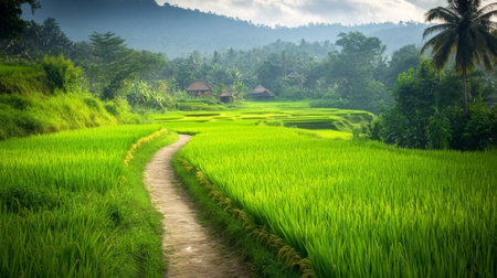 A lush, green rice field with a narrow dirt path meandering through it, leading to a small village or traditional farmhouse in the distanceの素材