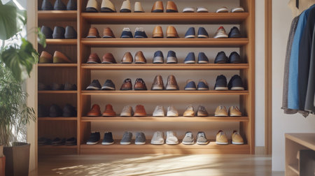 A neatly organized shoe rack with an array of shoes, including casual and formal styles, arranged on shelves in a well-lit entrywayの素材