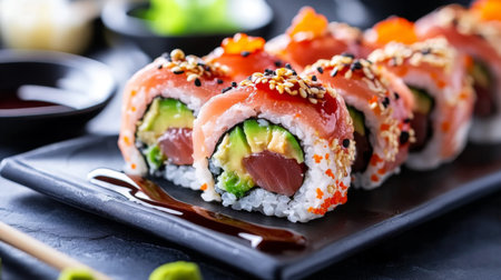 A mouthwatering sushi roll with vibrant ingredients like spicy tuna and avocado, garnished with a drizzle of eel sauce and served with a side of ginger and wasabiの素材