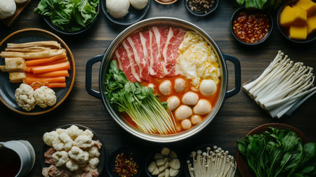 A high-resolution shot of a delicious shabu-shabu meal, with neatly arranged ingredients ready to be cooked in a bubbling hot pot, set against a clean backgroundの素材