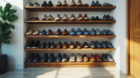 A neatly organized shoe rack with an array of shoes, including casual and formal styles, arranged on shelves in a well-lit entrywayの素材