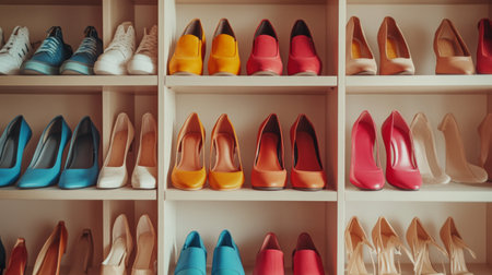 A high-resolution shot of a minimalist shoe rack with neatly aligned rows of shoes, including high heels and athletic footwear, set against a clean backgroundの素材