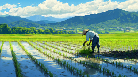 A farmer planting rice seedlings in a vibrant green field, with rows of young plants and a picturesque rural backdropの素材