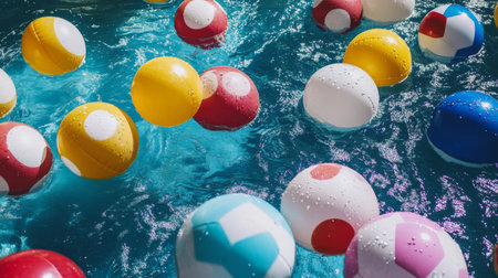 A colorful array of inflatable balls floating in a pool, including beach balls and water toys, creating a lively and summer-ready atmosphereの素材