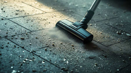 A dynamic scene of a vacuum cleaner effortlessly gliding over a tiled floor, with dust and debris being suctioned up, illustrating its efficiency in home cleaningの素材