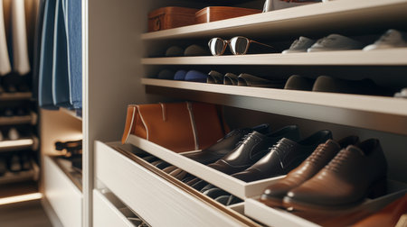 A detailed shot of a wardrobe interior with custom storage solutions for shoes, bags, and accessories, illustrating a practical and well-designed storage systemの素材