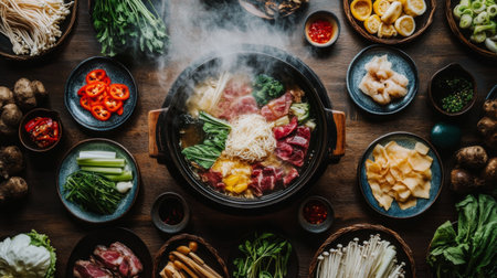 A cozy dining setup with a steaming shabu-shabu pot in the center, surrounded by plates of fresh ingredients like vegetables, meat, and noodlesの素材
