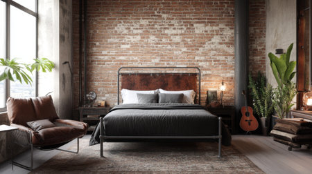A contemporary bedroom with industrial decor, featuring exposed brick walls, a metal bed frame, and modern furniture piecesの素材