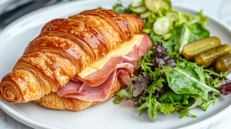 A delicious croissant sandwich filled with ham, cheese, and fresh greens, elegantly plated on a white dish with a side of pickles and saladの素材