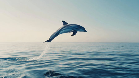 A dolphin performing a high jump and spin above the water, with a backdrop of a serene ocean and distant horizon.の素材