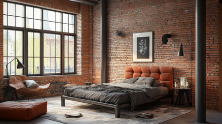 A contemporary bedroom with industrial decor, featuring exposed brick walls, a metal bed frame, and modern furniture piecesの素材