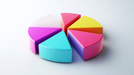 A dynamic 3D pie chart with segments in various bright colors, each section floating slightly above a white surface, symbolizing data analysis and statistics.の素材